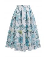 Falda midi plisada de jacquard floral de primavera en azul