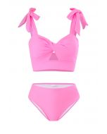 Conjunto de bikini con abertura torcida y lazo en los hombros en rosa