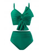 Conjunto de bikini fruncido con nudo delantero en verde azulado