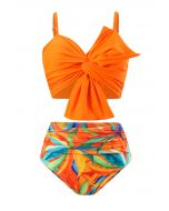 Conjunto de bikini fruncido con nudo delantero y estampado naranja