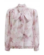 Camisa transparente floral color acuarela con cuello con lazo en rosa