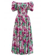 Vestido midi con mangas de burbuja de tulipán vibrante en rosa