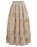 Falda midi plisada de jacquard floral y tallo en color canela claro