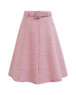 Falda midi acampanada de tweed brillante con cinturón en rosa