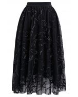 Falda midi de malla floral difusa con hilo metálico en negro
