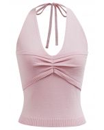 Top de punto con escote halter y detalle de pinzas en rosa