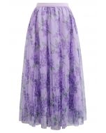 Falda midi de tul de malla floral brillante en morado