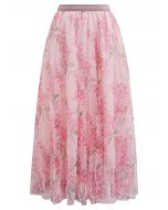 Falda midi de tul de malla floral brillante en rosa