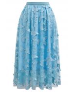 Falda midi de tul de malla con bordado de mariposas en 3D de Loveliness en azul