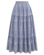 Elegante falda midi floral bordada azul