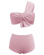 Conjunto de bikini con textura anudada de un solo hombro en rosa