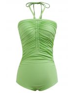 Traje de baño con cuello halter y cordón de color liso en verde