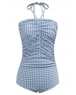 Traje de baño con cuello halter y cordón de cuadros vichy en azul