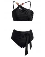 Conjunto de bikini con lazo y tirantes asimétricos con cuentas de resina en negro