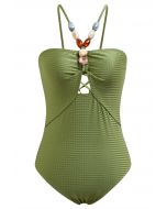 Traje de baño con textura de cuello halter y cuentas de resina en verde militar