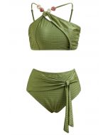 Conjunto de bikini con lazo y tirantes asimétricos con cuentas de resina en verde militar