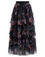 Falda midi de malla con volantes florales en negro de Fairy Dream