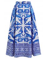 Falda midi plisada acampanada de jacquard azulejo azul