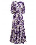 Vestido cruzado con volantes de jacquard floral morado