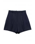 Shorts plisados de mezcla de lino con bolsillo lateral en azul marino