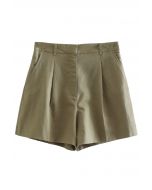 Shorts plisados de mezcla de lino con bolsillo lateral en verde musgo