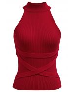 Top de punto halter sin mangas con cinta cruzada en rojo