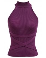 Top de punto halter sin mangas con cinta cruzada en color morado