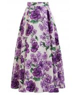 Falda acampanada plisada de jacquard con flores moradas