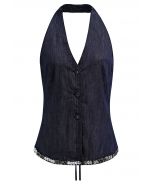 Top halter denim con botones y bajo con lentejuelas