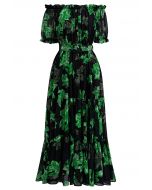 Vestido midi de gasa con hombros descubiertos y estampado Lily en verde