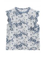 Top de algodón sin mangas con volantes y bordado floral azul