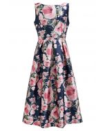 Vestido midi sin mangas Graceful Blossom en azul marino