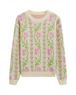 Jersey de punto jacquard con rama floral en color crema