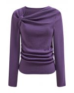 Blusa de punto con mangas largas fruncidas y nudo lateral en violeta