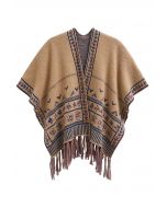 Poncho de punto con flecos Boho Wanderer en color camel