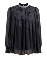 Blusa transparente con escote de cuentas brillantes en negro