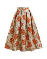 Falda midi plisada con vuelo y estampado floral en jacquard en color naranja