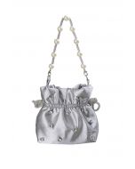 Bolso de hombro con cordón y decoración de diamantes de imitación en color gris