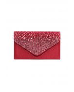 Bolso tipo sobre de satén adornado con diamantes de imitación en color rojo