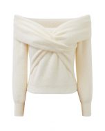 Blusa de punto peludo con hombros descubiertos y entrecruzado en color crema