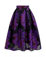 Atractiva falda midi plisada de organza con estampado floral en jacquard en color morado