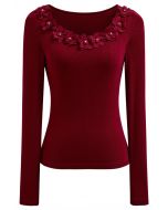 Blusa ajustada de manga larga con escote de flores 3D en color rojo