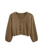 Hand-Knit Drop-Shoulder Buttoned Crop Cardigan in Khaki