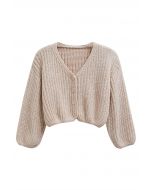 Hand-Knit Drop-Shoulder Buttoned Crop Cardigan in Light Pink