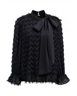 Satin Bowknot Wavy Tassel Overlay Shirt in Black