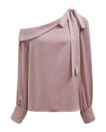 One-Shoulder Bowknot Flap Satin Top in Pink