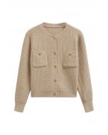 Embossed Dots Patch Pocket Buttoned Knit Cardigan in Camel