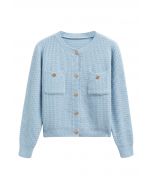 Embossed Dots Patch Pocket Buttoned Knit Cardigan in Baby Blue