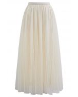 Flock Dots Double-Layered Mesh Tulle Maxi Skirt in Cream