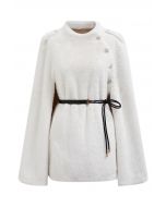 Rhinestone Button Wrap Faux Fur Cape Coat in Ivory